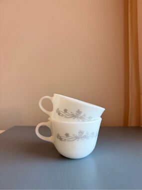Vintage Pyrex Floral Teacups Coffee Cups White Gray Flowers Set of 2